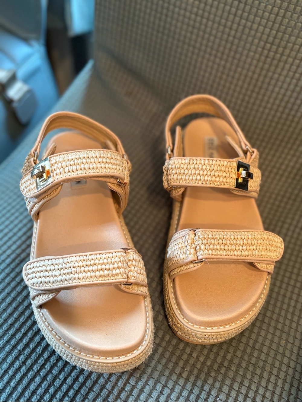 Steve Madden Tan Woven Platform Sandals with Gold Buckles